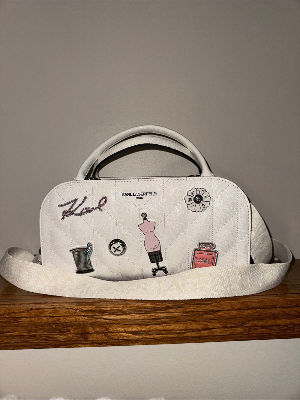Karl Lagerfeld White Quilted Crossbody Bag with Enamel Charm Accents